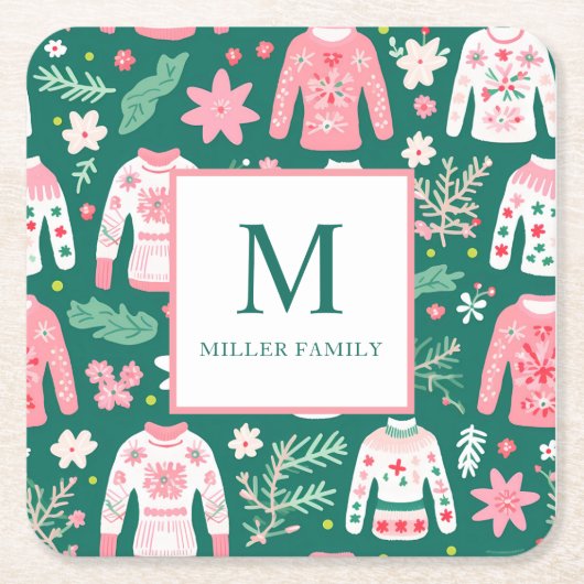 Farbige Ugly Sweater Holiday Monogram Rechteckiger Pappuntersetzer (Vorderseite)