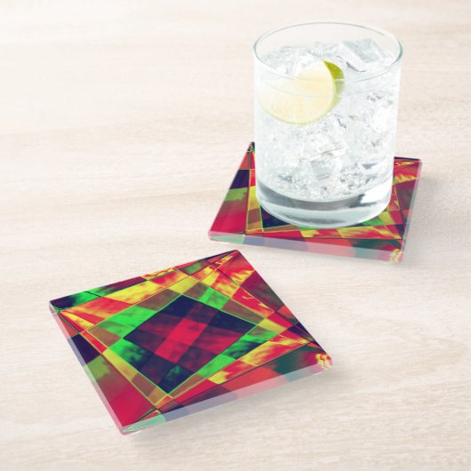 Farbige und geneigte Quadrate und Rechtecke Glasuntersetzer (Schrägansicht)