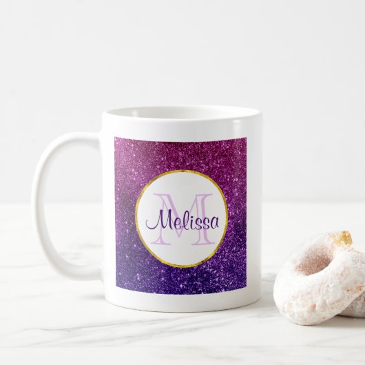 Farbige und Lila Glitzer-Edelsteine Monogramm Kaffeetasse (Mit Donut)