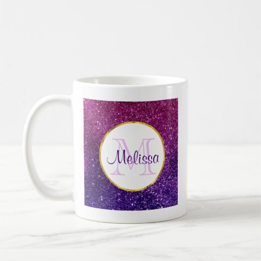Farbige und Lila Glitzer-Edelsteine Monogramm Kaffeetasse (Links)