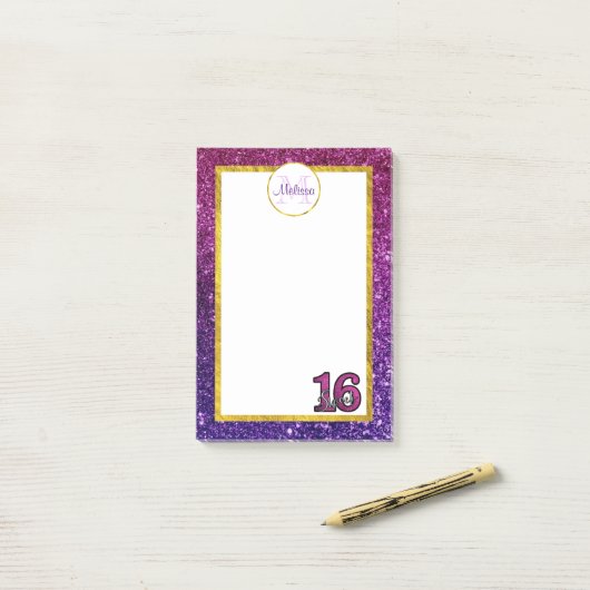 Farbige und Lila Glitzer-Edelsteine Monogramm Post-it Klebezettel (Auf Schreibtisch)