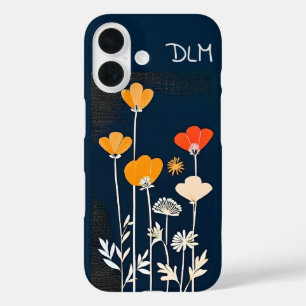 Farbige und Minimalistische Blume auf Dunkelblau iPhone 16 Hülle