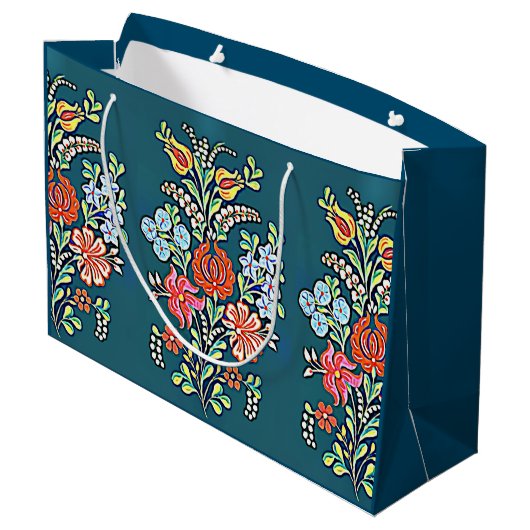 Farbige ungarische Blume Große Geschenktüte (Rückseite Schrägansicht)