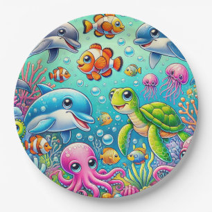 Farbige Unterwasserszene mit spielenden Meeresbewo Pappteller