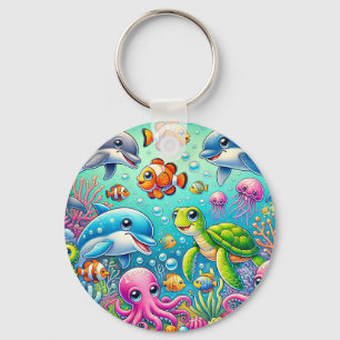 Farbige Unterwasserszene mit spielerischen Meeresb Schlüsselanhänger