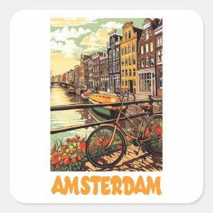 Farbige Vintage Amsterdam Holland Kanal Stadt Quadratischer Aufkleber
