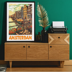 Farbige Vintage Amsterdam Niederlande Kanalstadt Poster