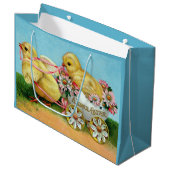 Farbige Vintage Chicks & Blume Ostern Große Geschenktüte (Vorderseite Schrägansicht)