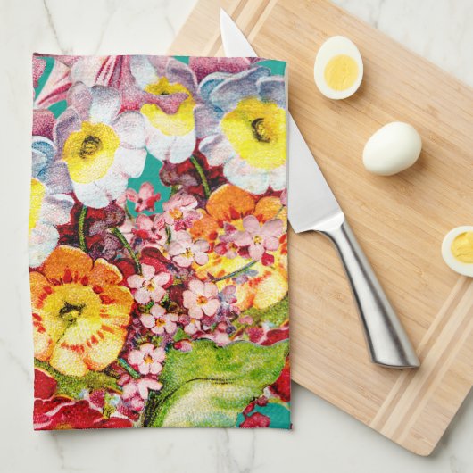 Farbige Vintage Primrosen Blumenfedermuster Geschirrtuch (Viertel Falte)