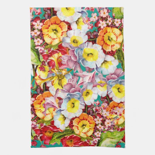 Farbige Vintage Primrosen Blumenfedermuster Geschirrtuch (Vertikal)