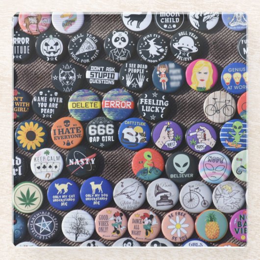 Farbige Vintage Retro-Abzeichen-Sammlung Glasuntersetzer (Vorderseite)