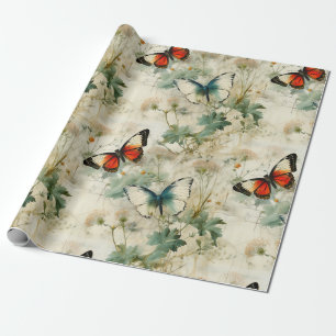 Farbige Vintage Schmetterlinge und Blume (2) Geschenkpapier