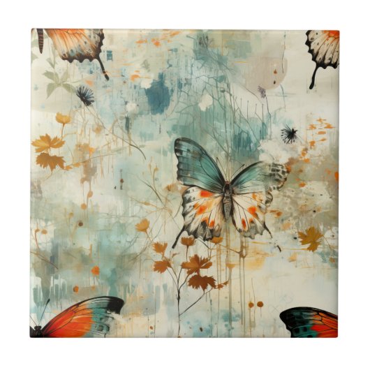 Farbige Vintage Schmetterlinge und Blume (4) Fliese (Vorderseite)