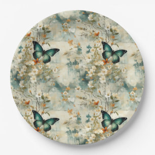 Farbige Vintage Schmetterlinge und Blume (6) Pappteller