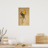 Farbige Vintage Vögel auf Vintagem Buchpapier Poster (Küche)