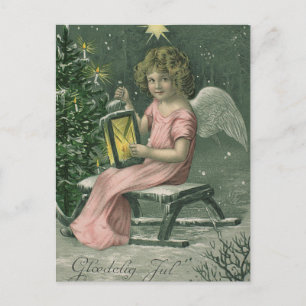 Farbige vintageblaue Weihnachtsengelkarte Feiertagspostkarte