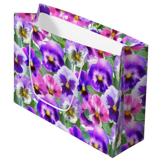 Farbige Violetten Pansy Blume Muster Große Geschenktüte (Vorderseite Schrägansicht)