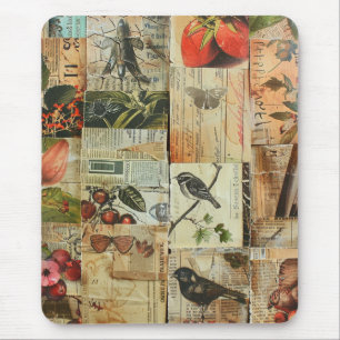 Farbige Vögel Antike Zeitung Natur Collage Mousepad