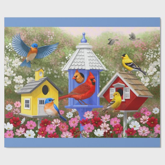 Farbige Vögel & Birdhouse Blumengarten Geschenkpapier (Flach)