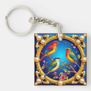 🕊️ Farbige Vögel im goldenen Rahmen als Geschenk  Schlüsselanhänger