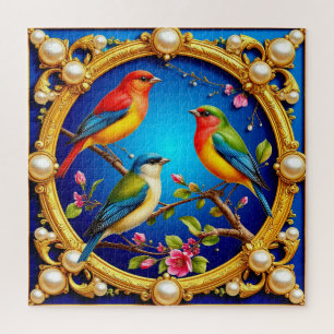 Farbige Vögel in verziertem goldenem Rahmen Puzzle