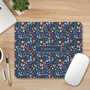 Farbige Vögel Schmetterlinge Floral Navy Mauspad