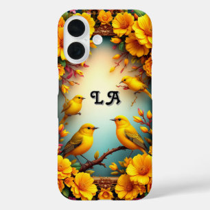 Farbige Vögel sitzen zwischen lebendigen Blumen iPhone 16 Hülle