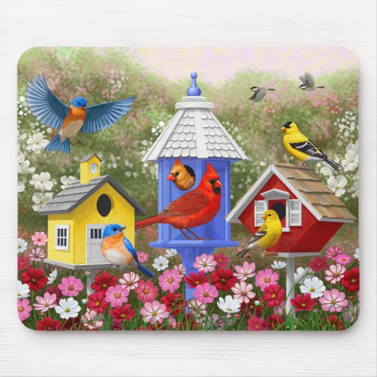 Farbige Vögel und Birthäuser Mousepad (Vorne)