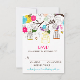 Farbige Vogelkäfige und Blumen Hochzeit RSVP Karte