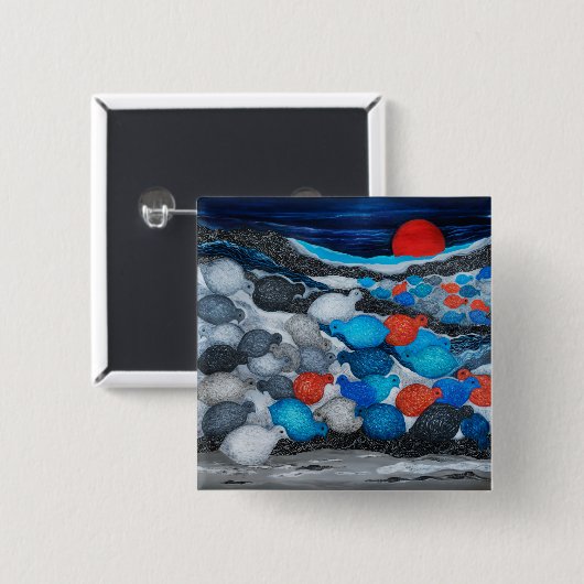 Farbige Vogelschar Roter Mond Kunst Button (Vorne & Hinten)