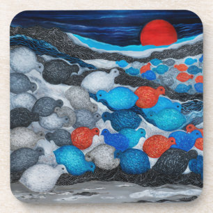 Farbige Vogelschar Roter Mond Kunst Getränkeuntersetzer