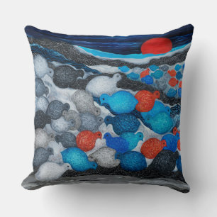 Farbige Vogelschar Roter Mond Kunst Kissen