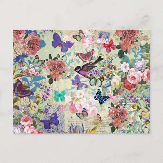 Farbige Vogelschmetterlinge Vintage Blumenmuster Postkarte (Vorderseite)