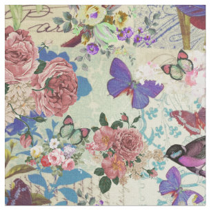 Farbige Vogelschmetterlinge Vintages Blumenmuster Stoff