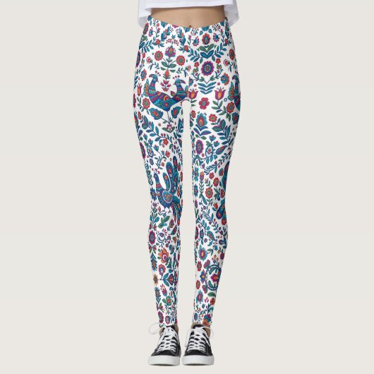 Farbige Volkskunst Blumenvogel-Muster Leggings (Vorderseite)
