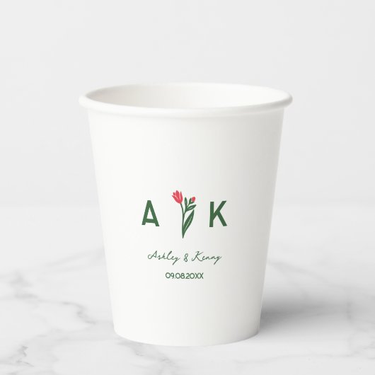 Farbige Volkskunst-Wildblumen-Monogramm-Hochzeit Pappbecher (Vorderseite)