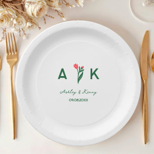 Farbige Volkskunst-Wildblumen-Monogramm-Hochzeit Pappteller