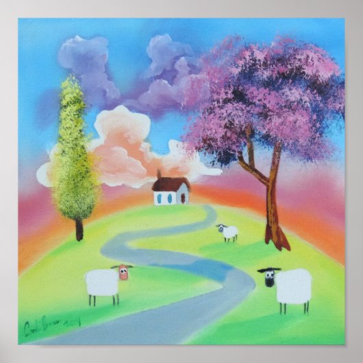 Farbige Volkslandschaft Bild von Schafen Poster (Vorne)