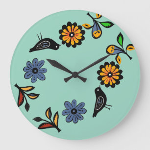 Farbige volkstümliche Blumen und Vögel Große Wanduhr