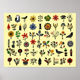Farbige volkstümliche Blumen und Vögel Poster