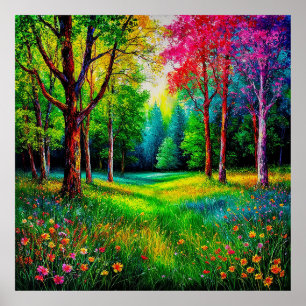 Farbige Waldlandschaft mit lebendigen Bäumen Poster