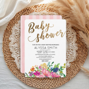 Farbige Wasserfarbe Floral Gold Weiße Babyparty Einladung