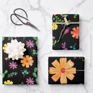 Farbige Wasserfarbe-Mexikanische-Fiesta-Blumen Geschenkpapier Set