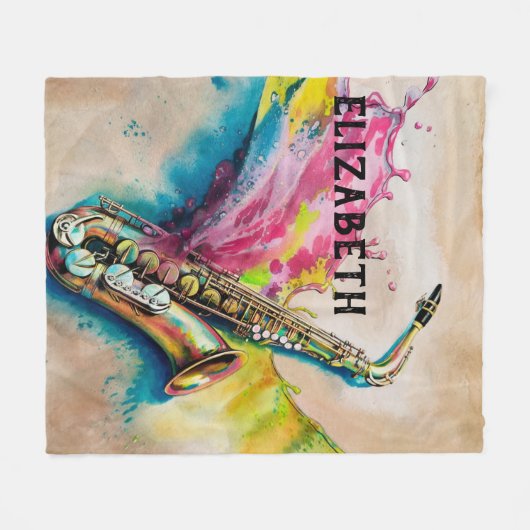 Farbige Wasserfarbe Saxophon Splash Custom Fleecedecke (Vorderseite (Horizontal))