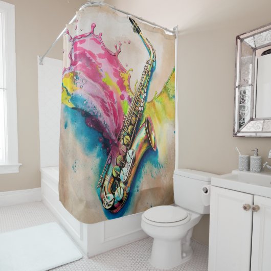 Farbige Wasserfarbe Saxophon Splash Duschvorhang (Beispiel)