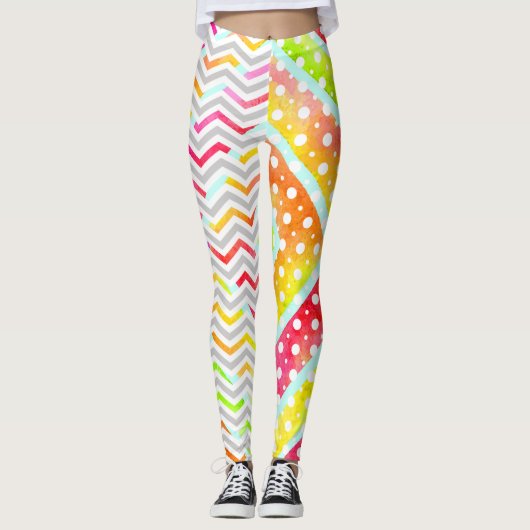 Farbige Wasserfarbe Zickzack, Polka Punkt Leggings (Vorderseite)