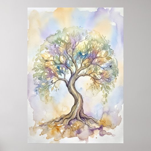 Farbige Wasserfarben-Baum-des-Lebens-Fantasy-Paste Poster (Vorne)