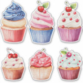 Farbige Wasserfarben Cupcakes Set 6 Aufkleber (Vorderseite)