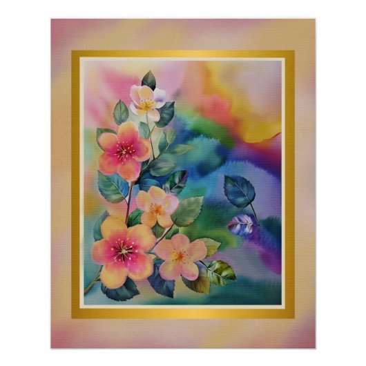 Farbige Wasserfarben-Frühlingszweig mit Blumen Poster (Vorderseite)