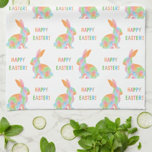 Farbige Wasserfarben-Häschen und Frohe Ostern Text Geschirrtuch (Gefaltet)